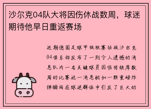 沙尔克04队大将因伤休战数周，球迷期待他早日重返赛场