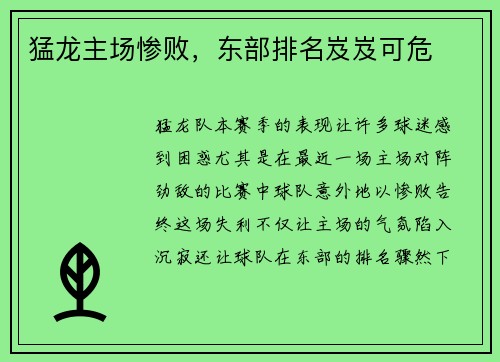 猛龙主场惨败，东部排名岌岌可危